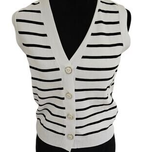 Nanette Lepore Black White Stripe Knit Button Vest NWT Jewel Button XS